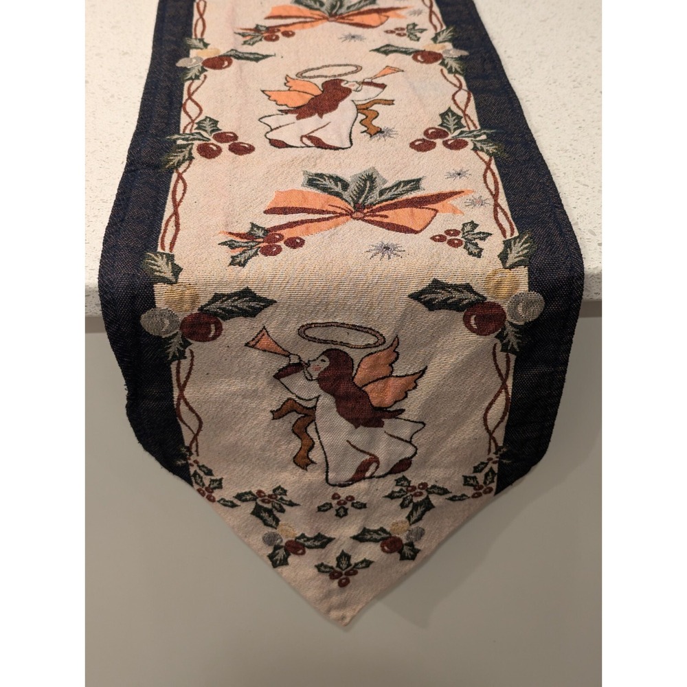 Christmas Tapestry‎ Table Runner 54 x 12 Angels Holly Bow Beige Blue Gold Tassel - Picture 2 of 7